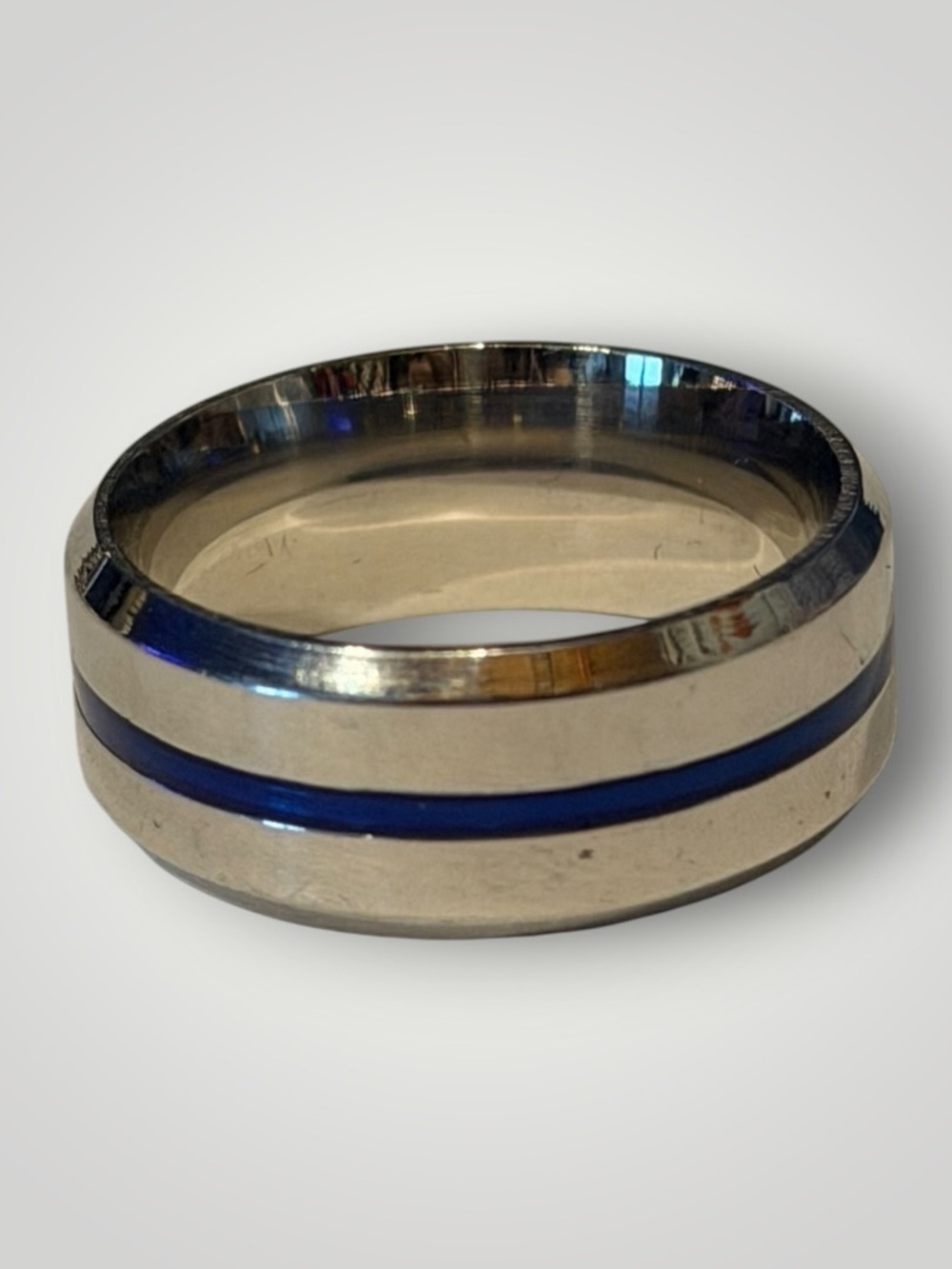 Men’s Silver Tone Wide Band Ring Blue Stripe Inlay Size 7 Modern